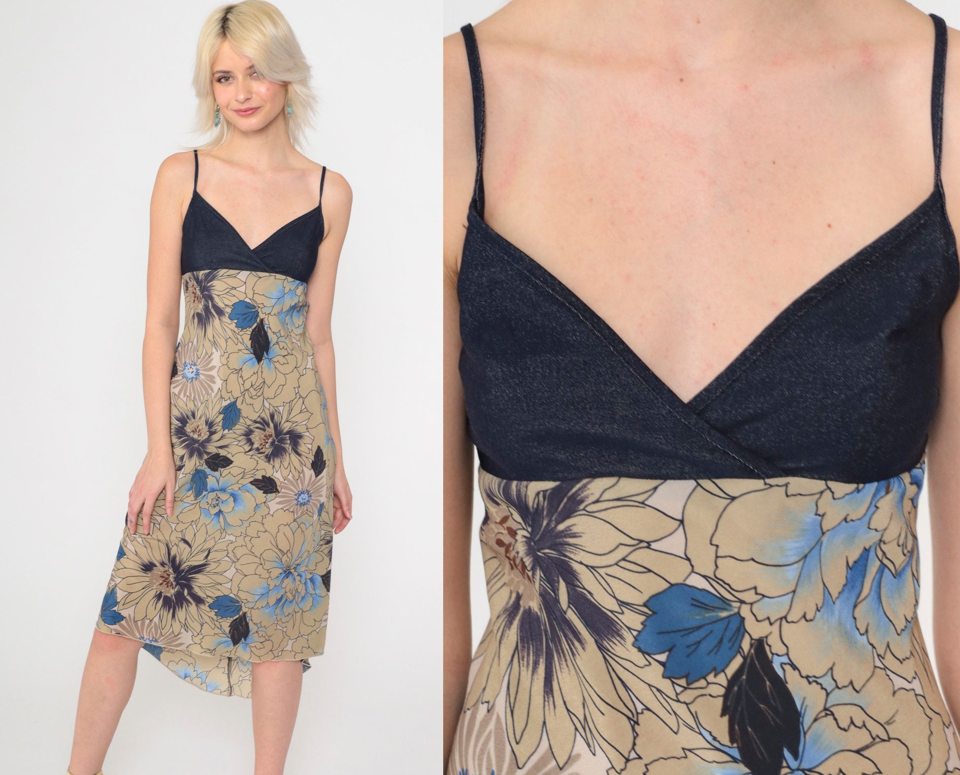 Y2K Dark Blue Denim Floral High-Low Midi Sundress Empire Waist Extra Small