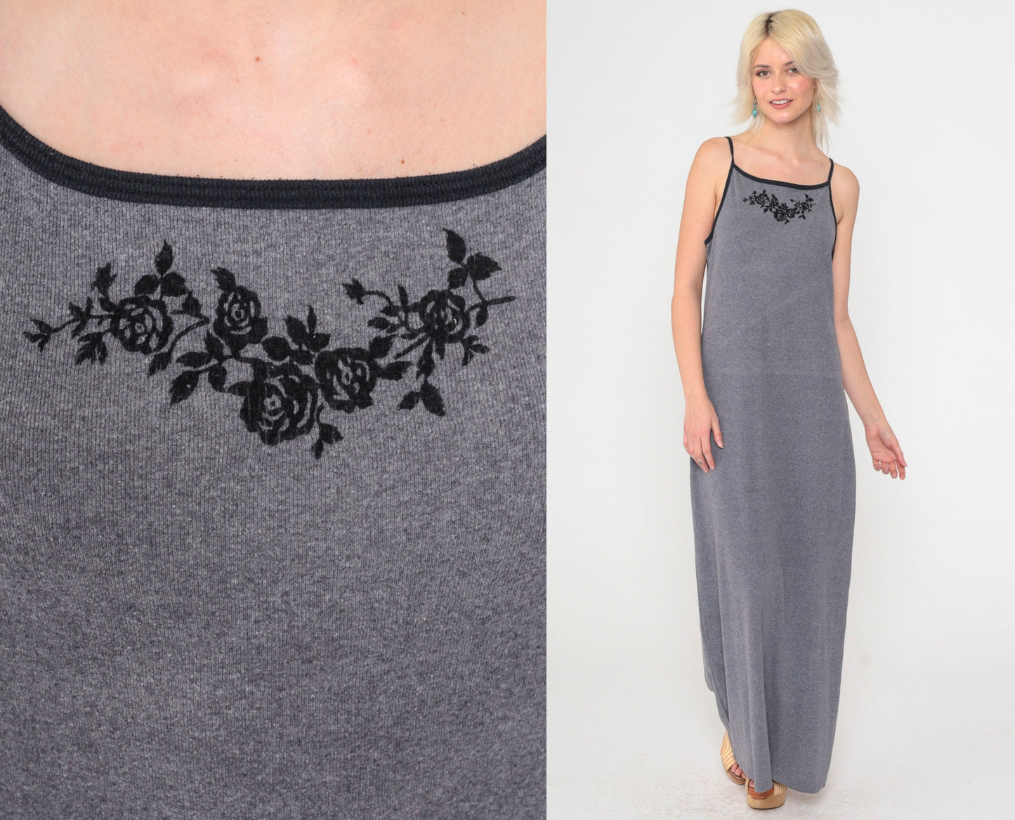 Y2K Grey Floral Maxi Dress Spaghetti Strap Bodycon 00s Xhilaration Medium