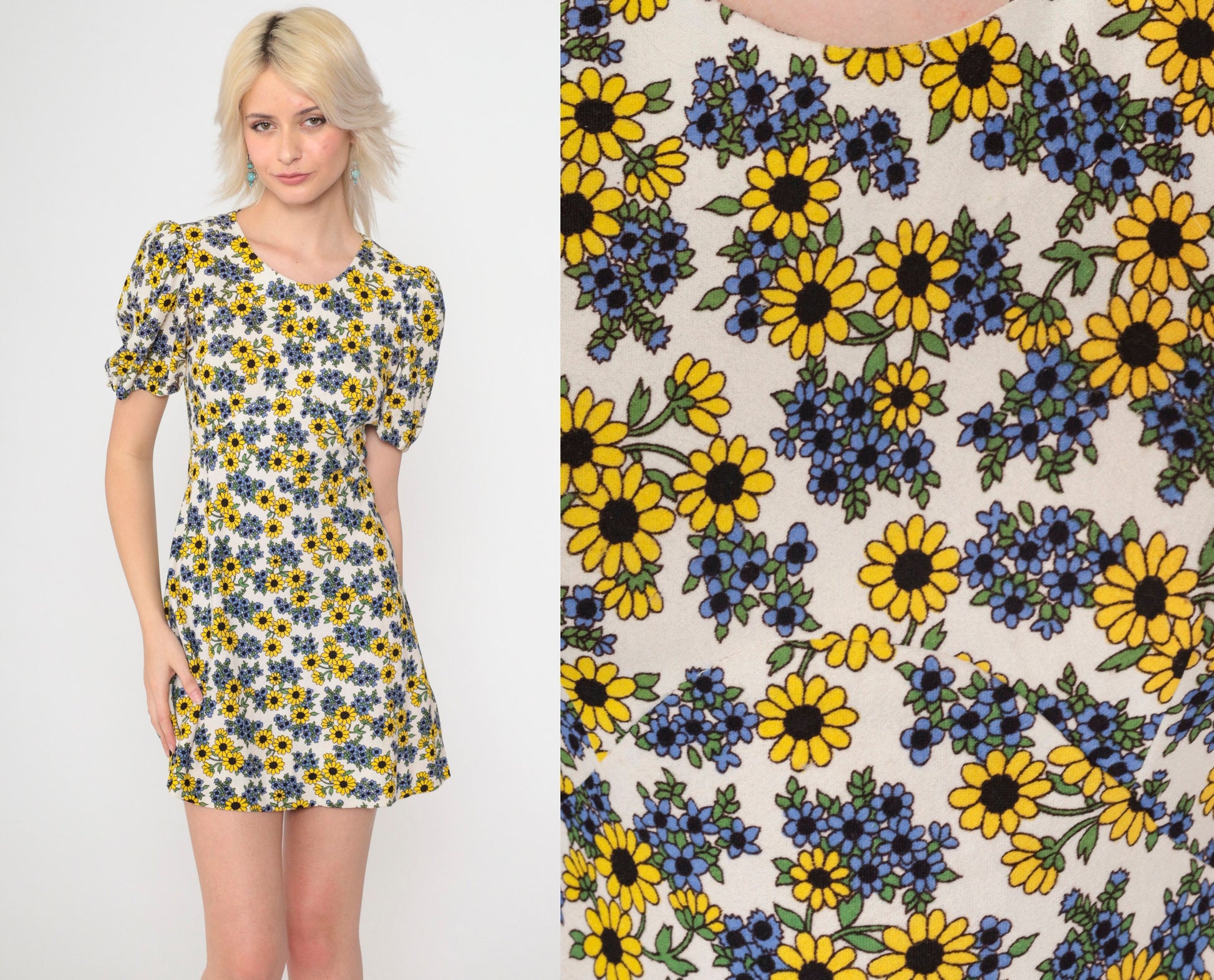 70s Floral Puff Sleeve Mini Dress Empire Waist Sunflower Print Extra Small