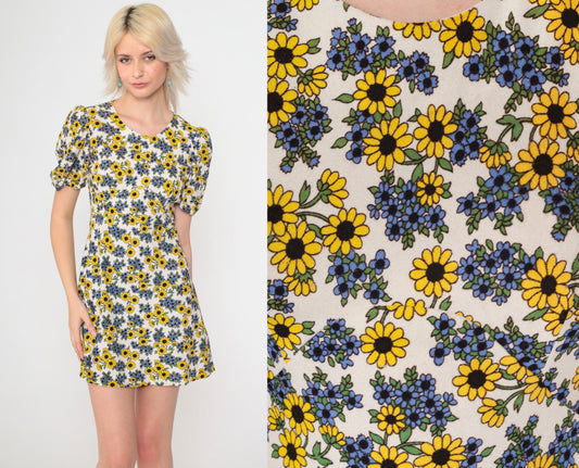 70s Floral Puff Sleeve Mini Dress Empire Waist Sunflower Print Extra Small