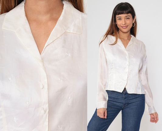 90s Rena Rowan Silk Satin Blouse Floral Embroidered Button Up White Large