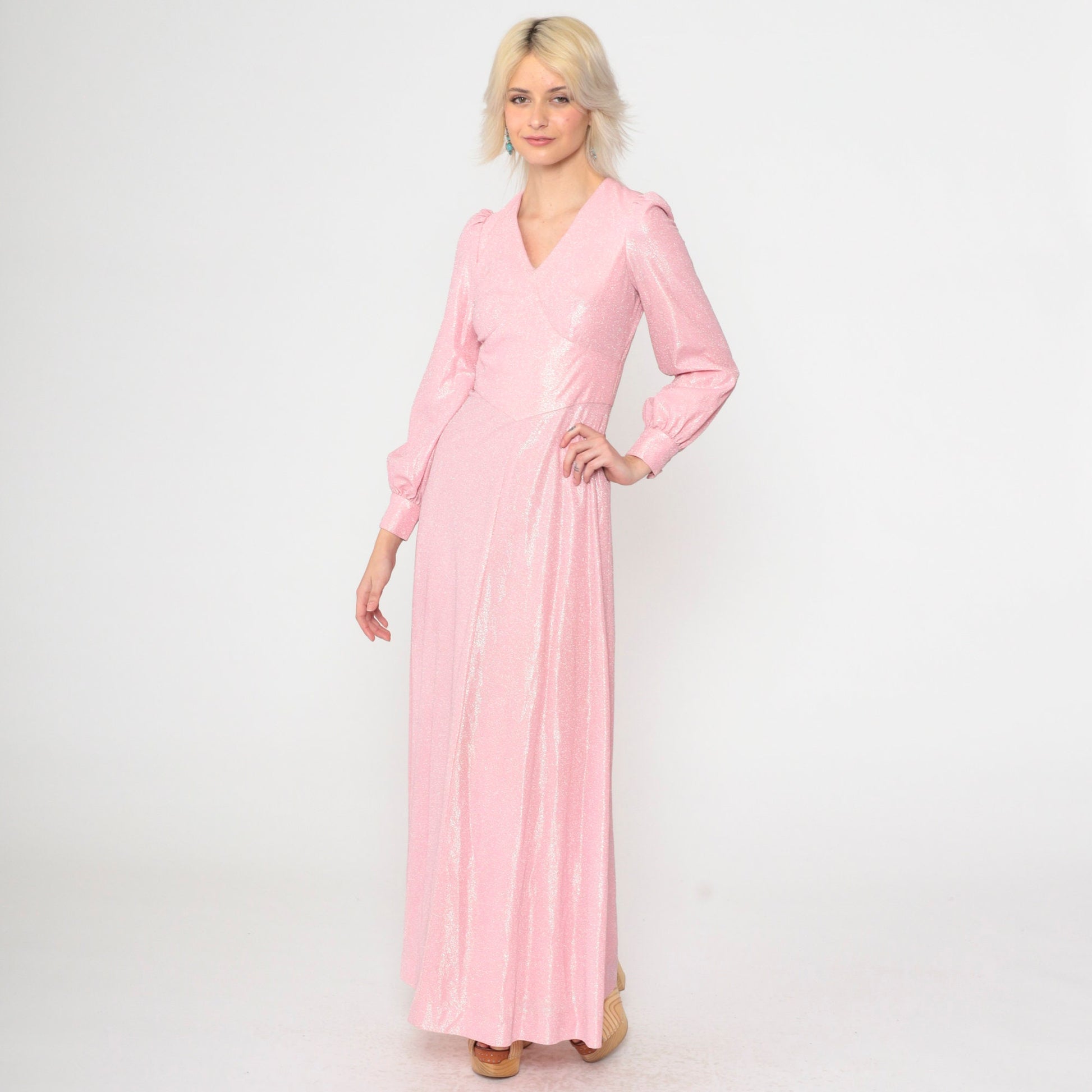 70s Metallic Baby Pink Maxi Dress Puff Sleeve V-Neck High Waist Extra Small