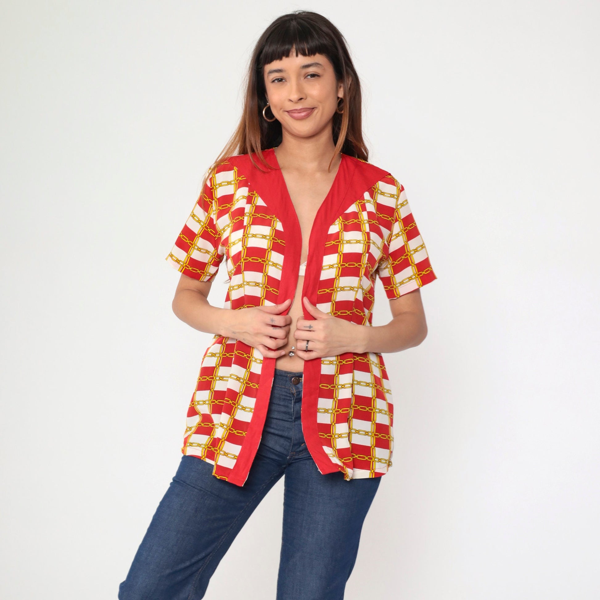 80s Chain-Link Red White Checkered Open Front Blouse Short Sleeve Small Medium