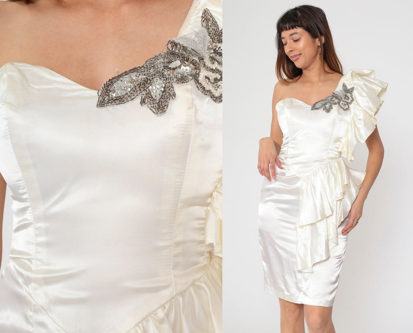 80s White Satin Beaded One-Shoulder Prom Dress Sweetheart Neckline Small S