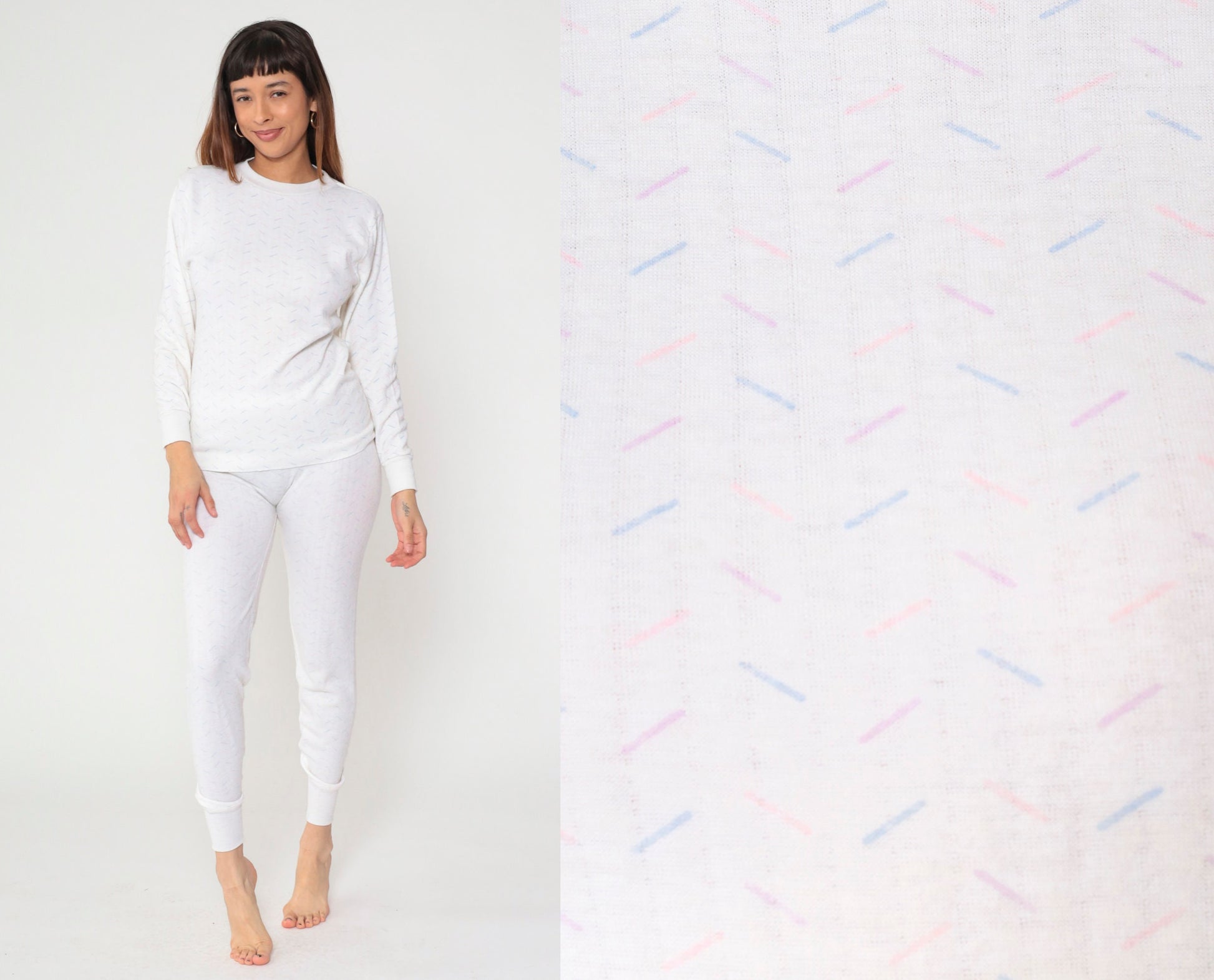 80s Thermal Pajama Set White Confetti Print Long Johns Two Piece Medium