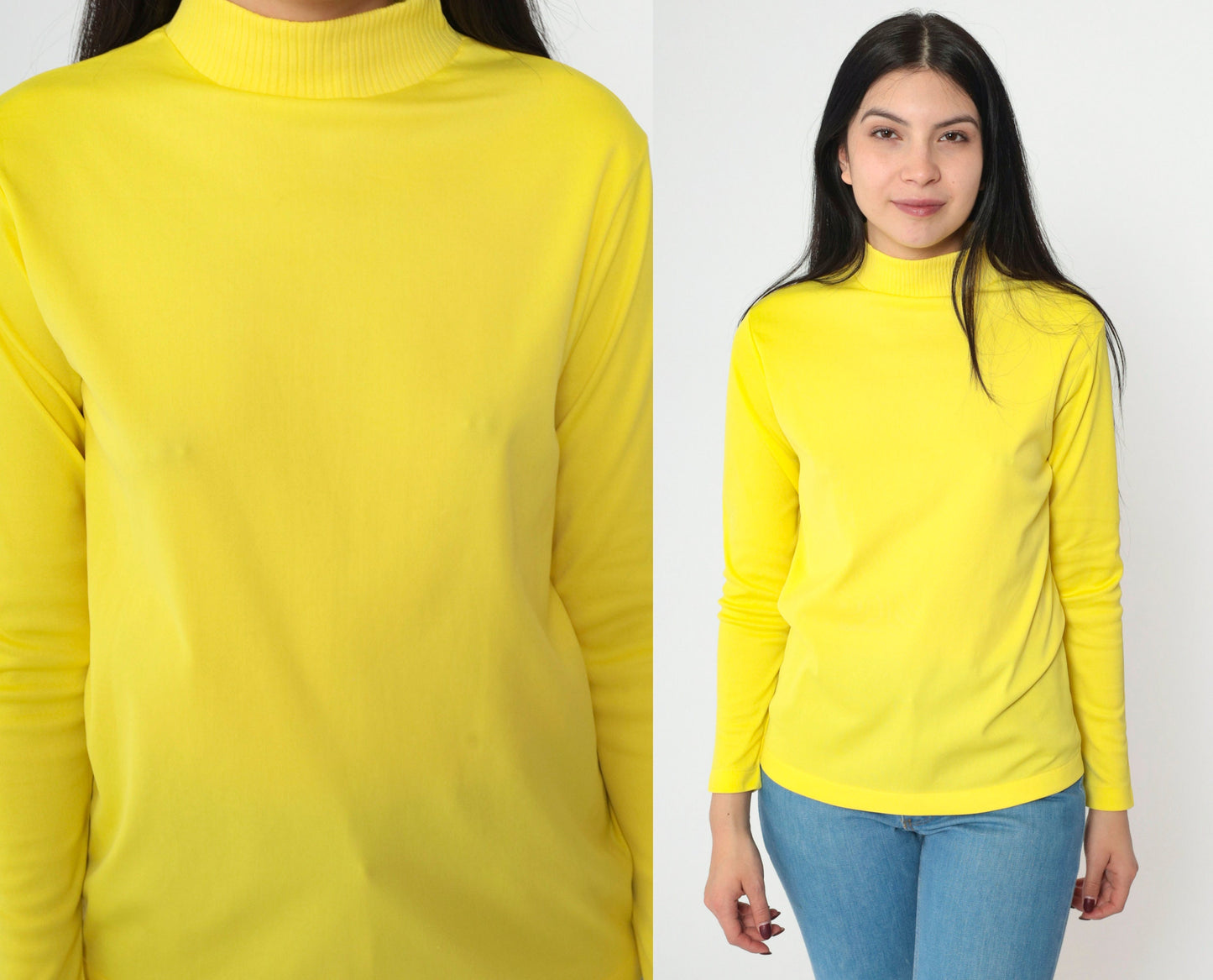 70s Yellow Mock Neck Blouse Long Sleeve Polyester Vintage Shirt Small