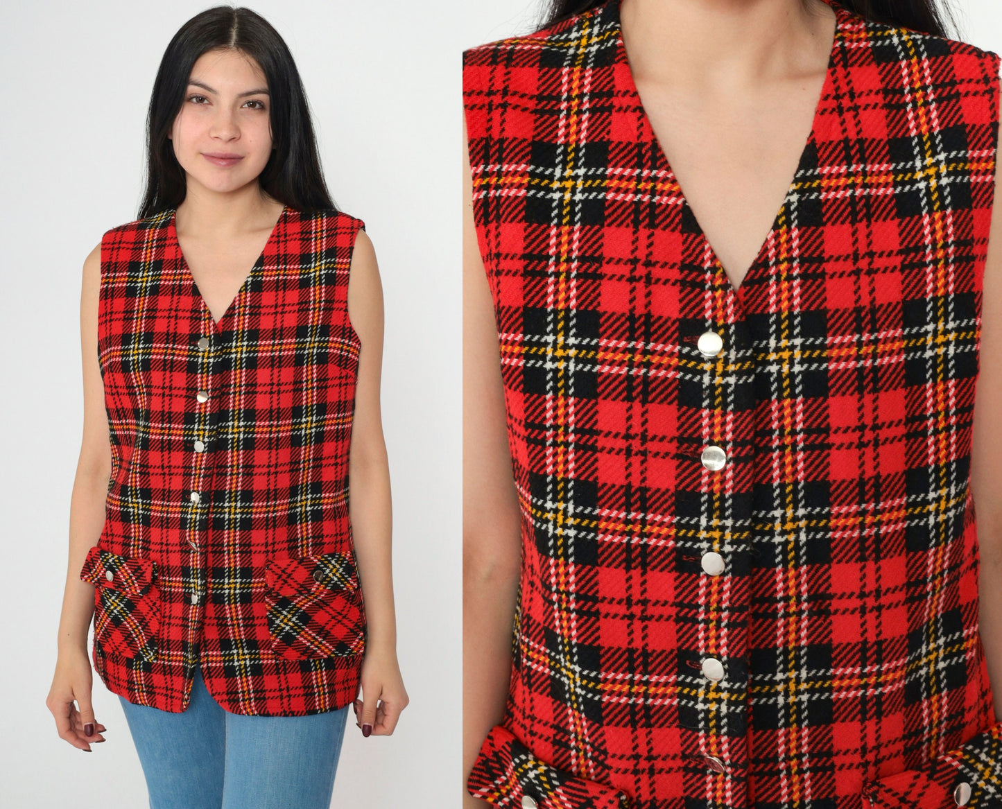 1960s Red Black Plaid Button Vest V-Neck Sleeveless Tartan Small