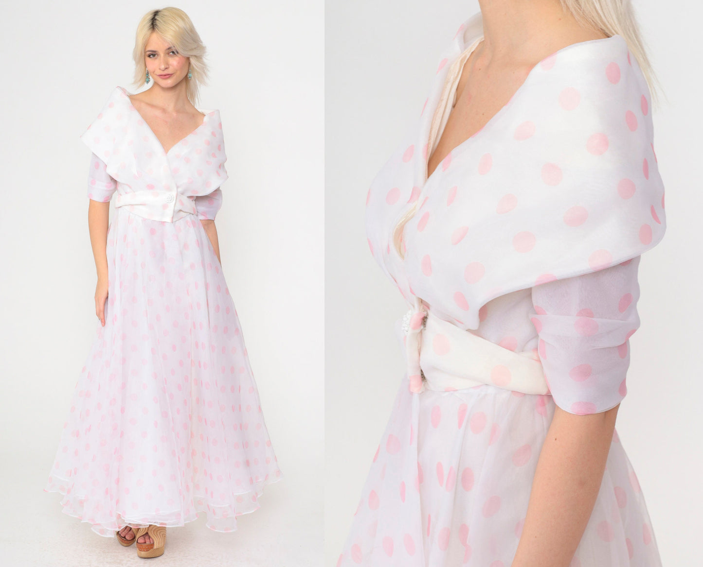90s White Polka Dot Chiffon Maxi Dress Portrait Collar Pink Small 4