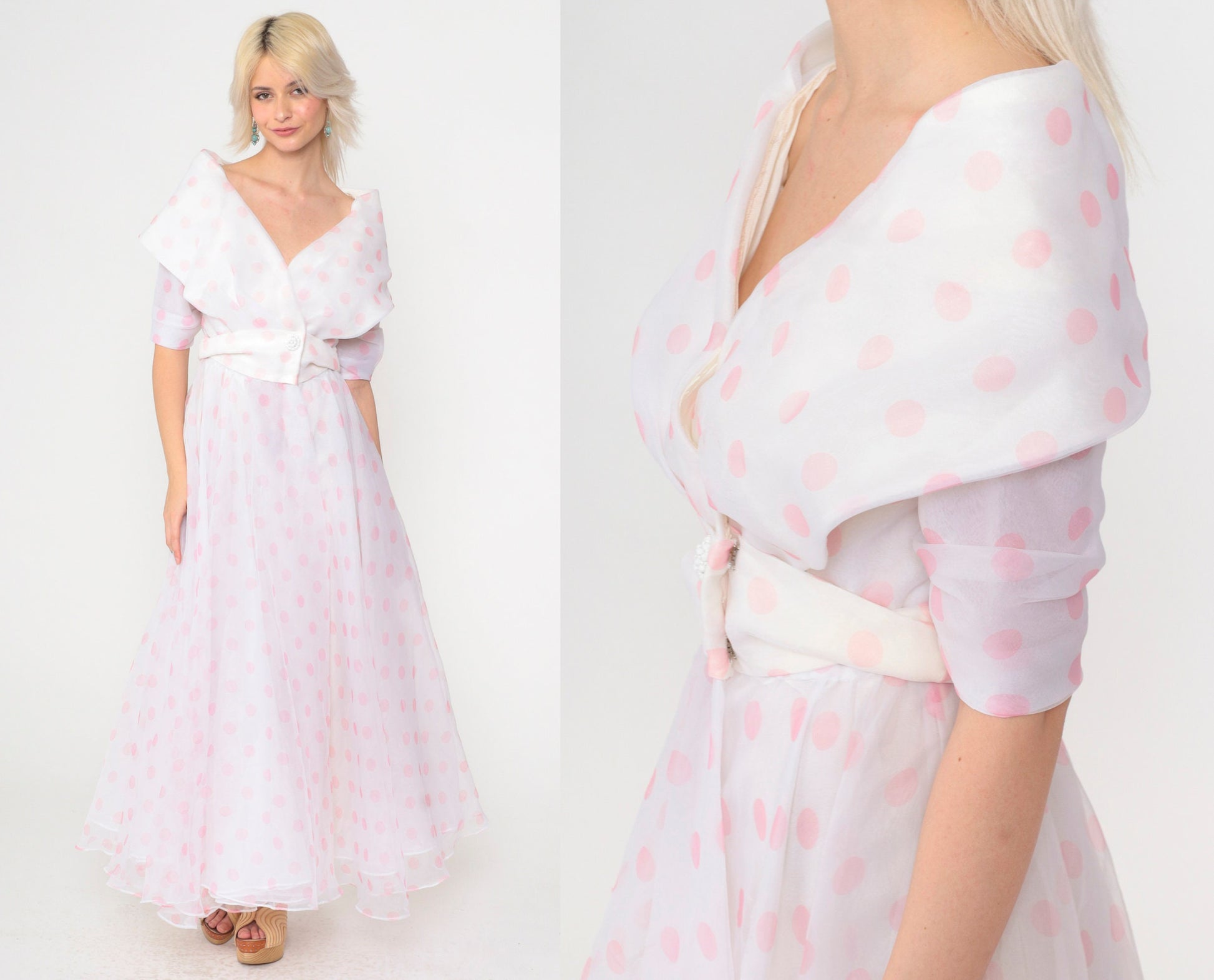 90s White Polka Dot Chiffon Maxi Dress Portrait Collar Pink Small 4