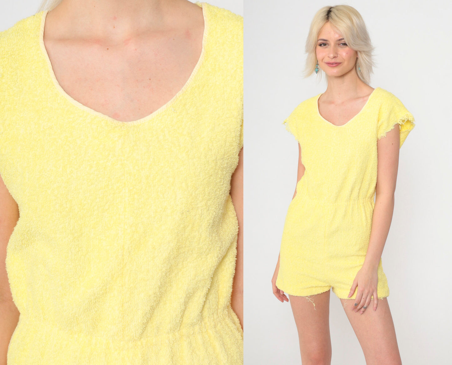 80s Yellow Terry Cloth Romper Playsuit Frayed Cap Sleeve Elastic Waist Extra Small