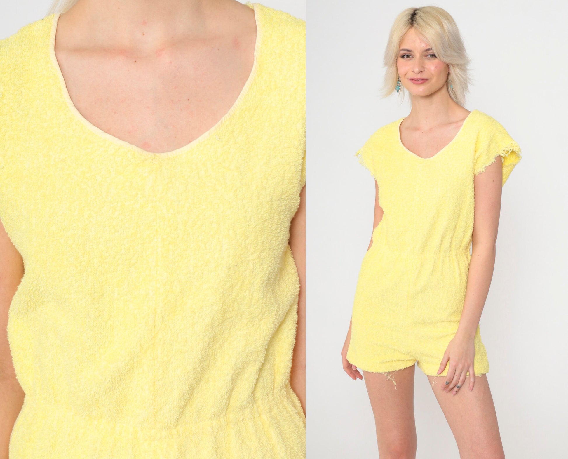80s Yellow Terry Cloth Romper Playsuit Frayed Cap Sleeve Elastic Waist Extra Small