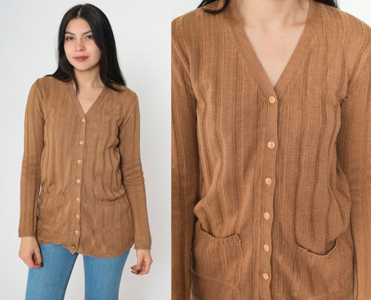 90s Brown Ribbed Cardigan Button-Up Knit Sweater V-Neck Small S