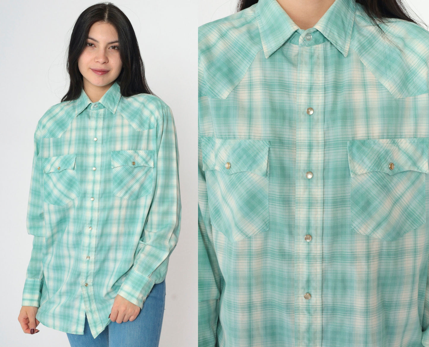 90s Mervyn's Western Shirt Seafoam Plaid Pearl Snap Men's Medium