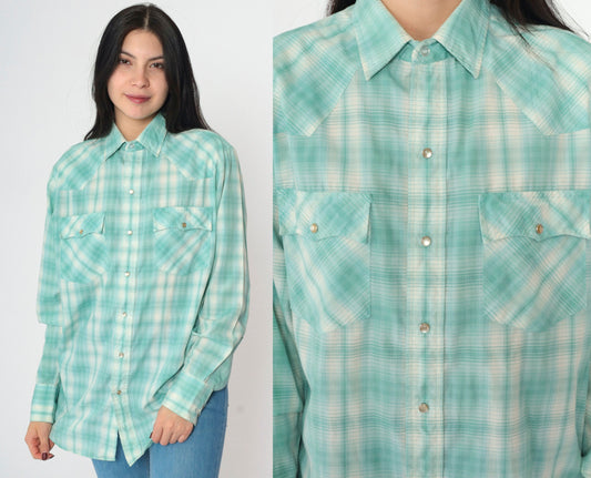90s Mervyn's Western Shirt Seafoam Plaid Pearl Snap Men's Medium