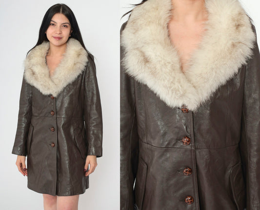 70s Brown Leather Jacket Fur Collar Button-Up Tailored Small S
