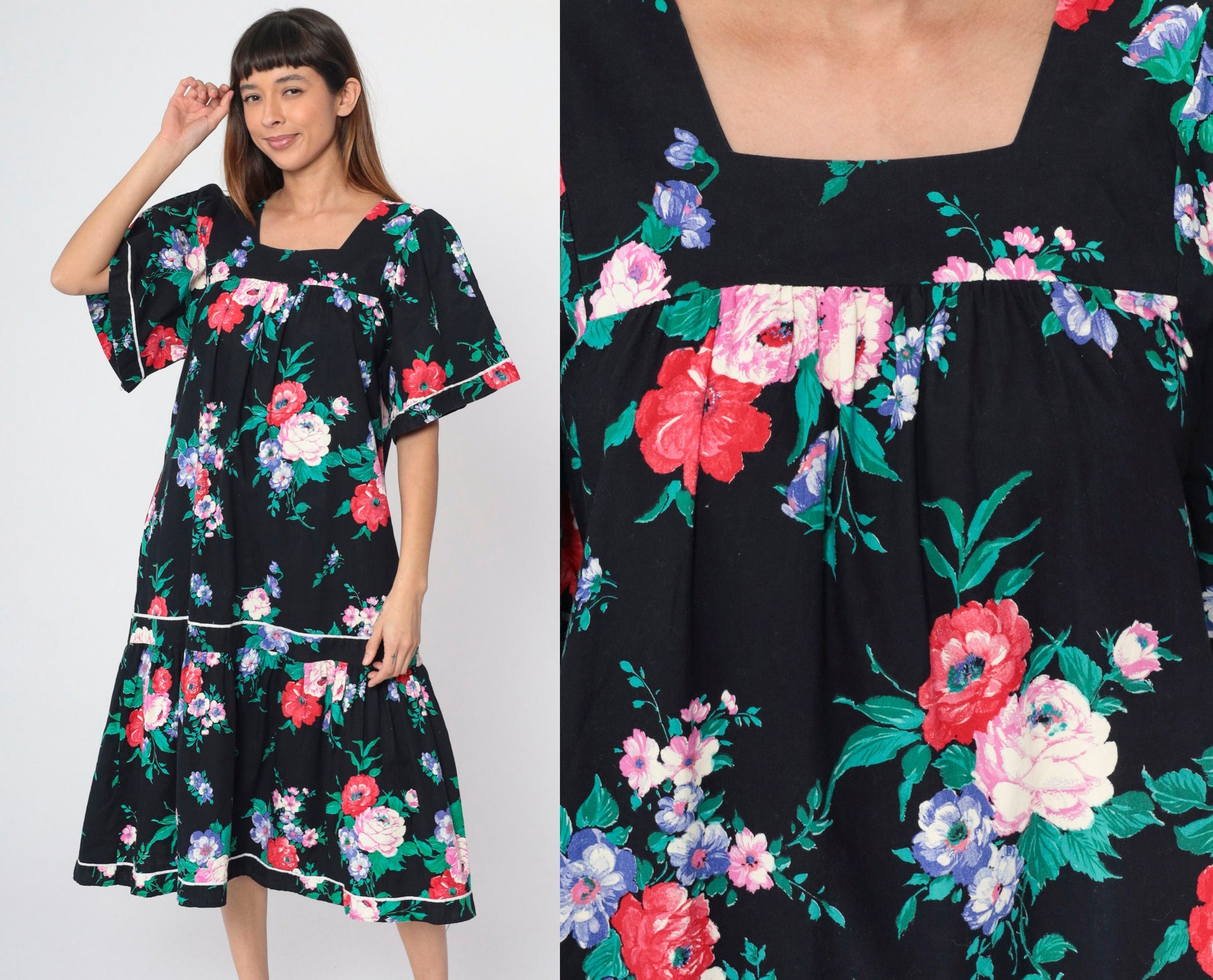 90s Black Floral Midi Dress Puff Sleeve Tent Cut Square Neckline Medium