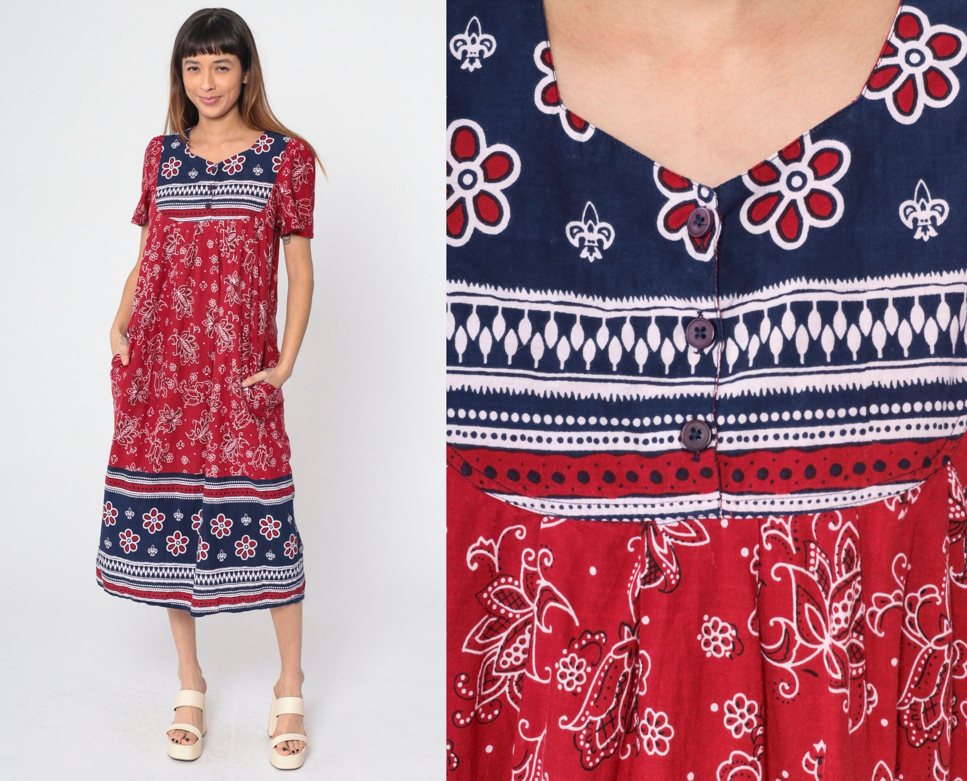 90s Red Floral Handkerchief Print Cotton Midi Dress Puff Sleeve Small