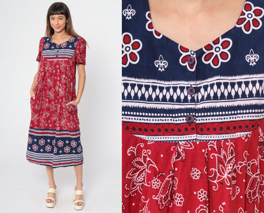 90s Red Floral Handkerchief Print Cotton Midi Dress Puff Sleeve Small