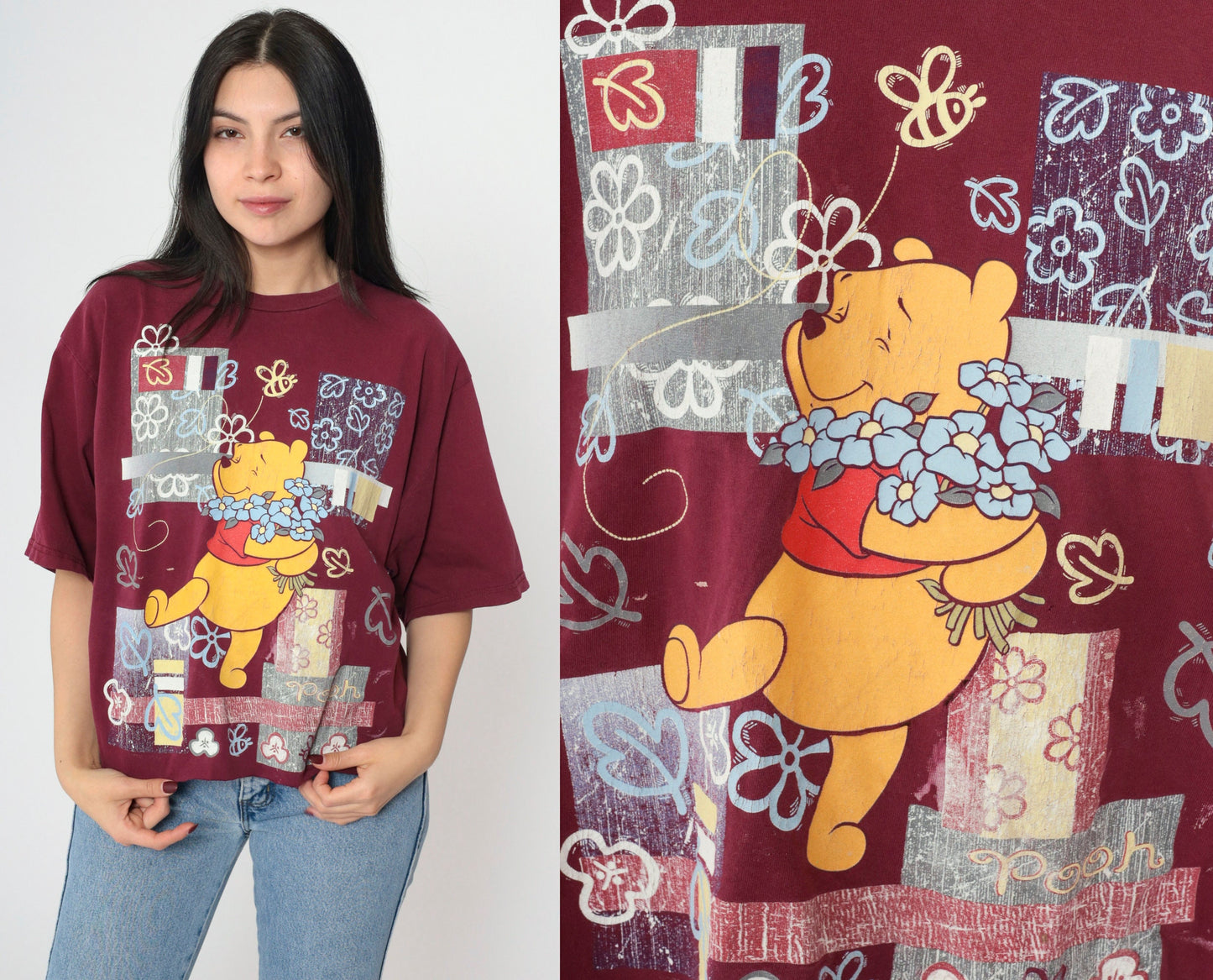 90s Winnie the Pooh Disney T-Shirt Burgundy Graphic Cutoff Plus Size XXL