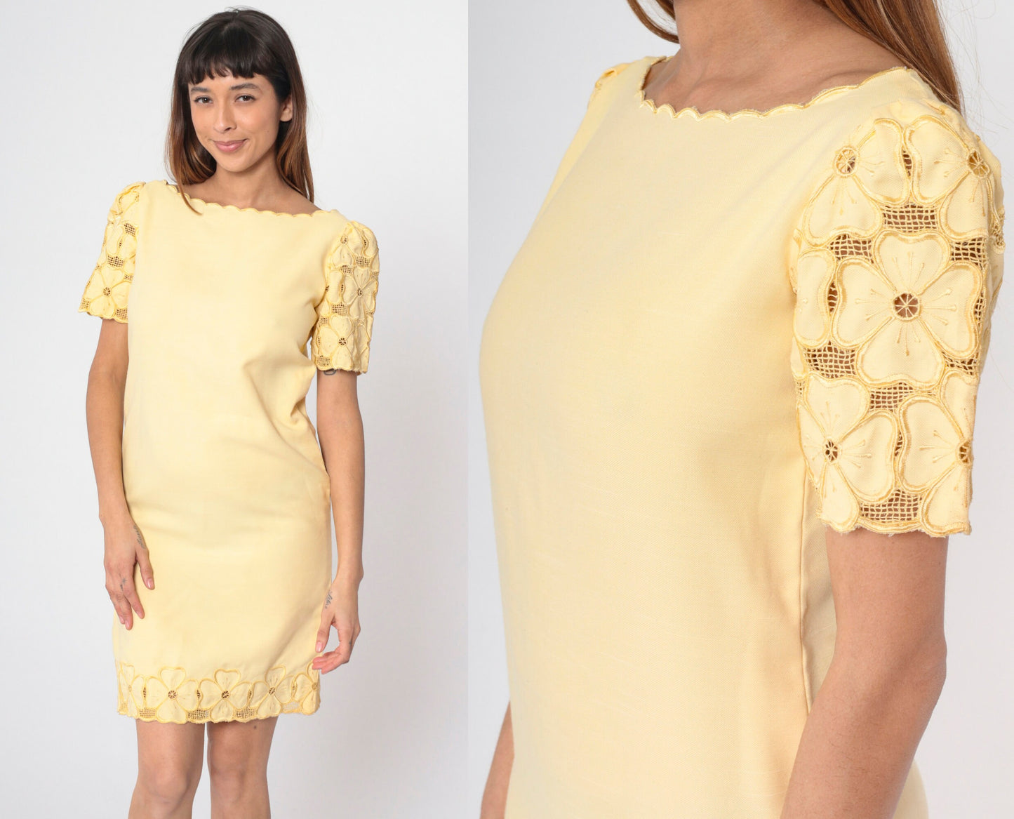 90s Yellow Floral Cutwork Mini Dress Puff Sleeve Scalloped Small