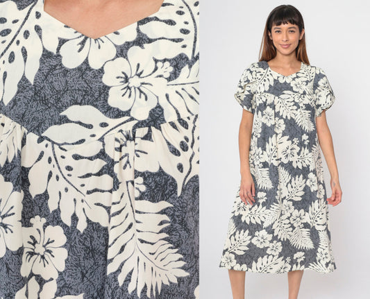 80s Hawaiian Floral Grey Midi Tent Dress Hibiscus Print Medium
