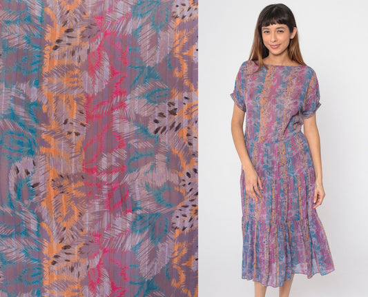 80s Floral Abstract Striped Midi Dress Drop Waist Tiered Short Sleeve Purple Small