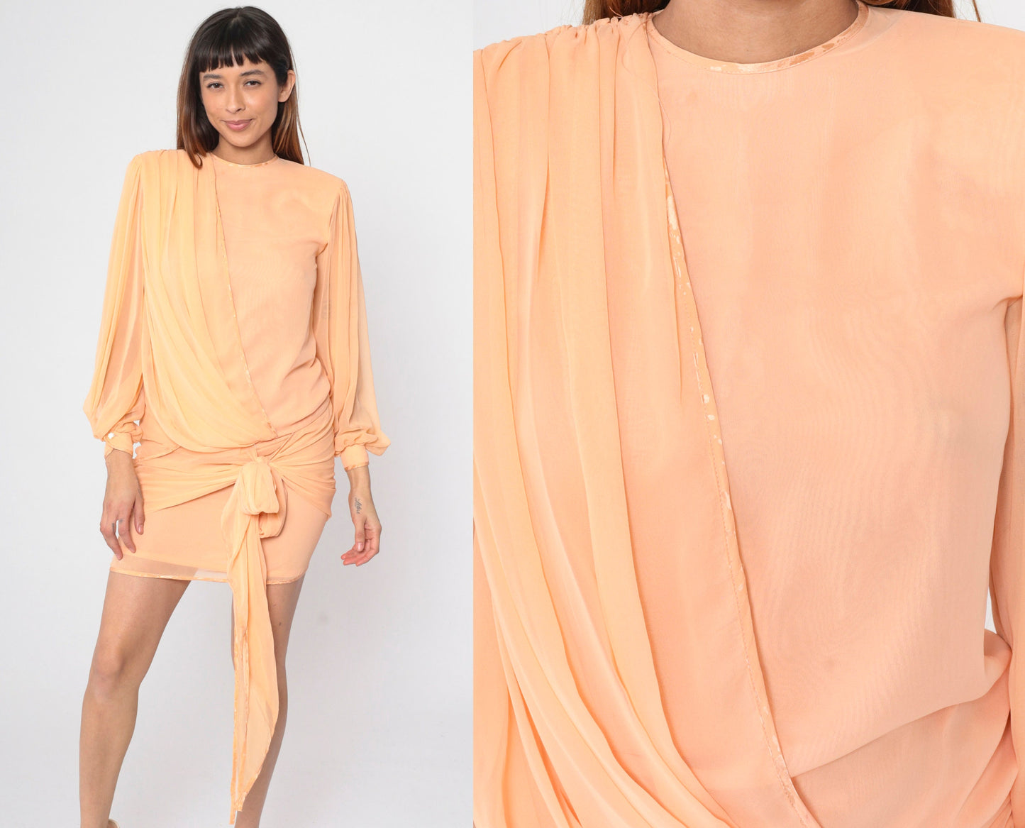 80s Peach Chiffon Shift Dress Puff Sleeve Draped Bodice Small