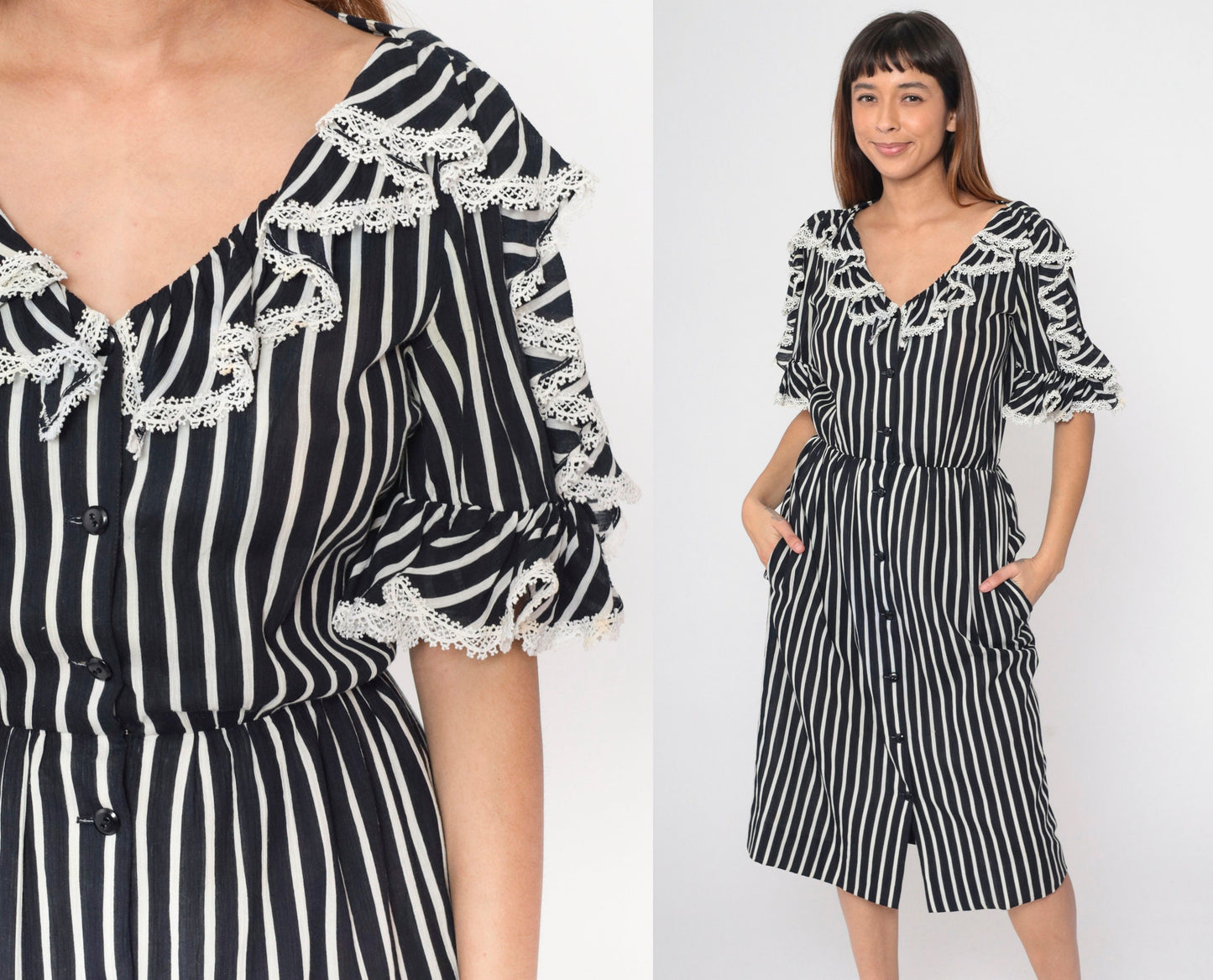 70s Mollie Parnis Black White Striped Midi Dress Button Up Lace Ruffle Small