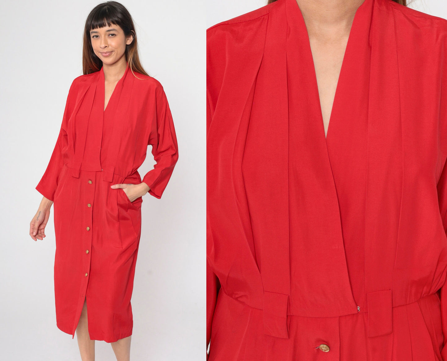 90s Red Button-Up Midi Dress Dolman Sleeve High Waist Faux Wrap Small 6