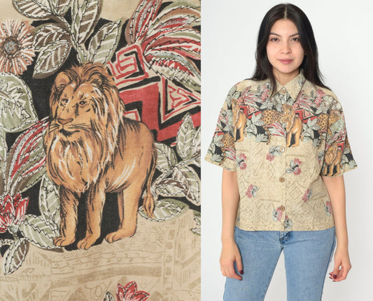 90s Safari Animal Print Button-Up Blouse Silver Glitter Lion Leopard Medium Large