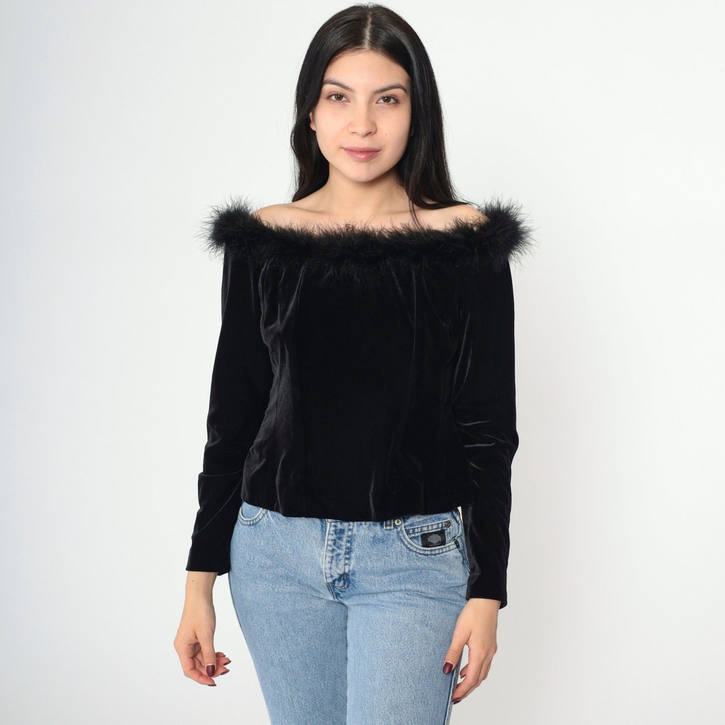 90s Alex Evenings Black Velvet Off-Shoulder Blouse Feather Trim Long Sleeve Large