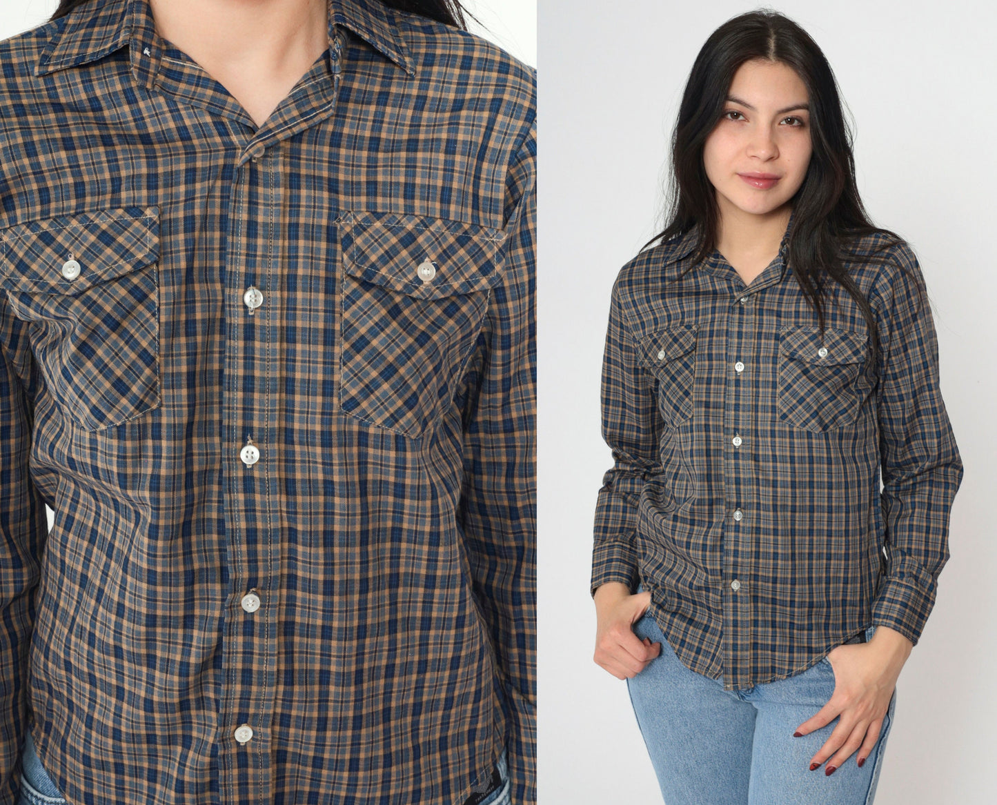 90s Blue Tan Plaid Button-Up Shirt Long Sleeve Chest Pocket Extra Small