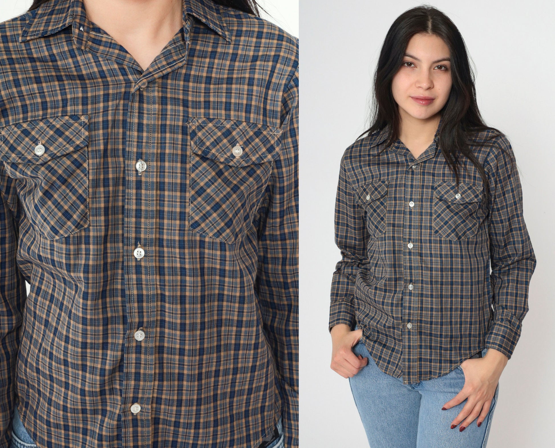 90s Blue Tan Plaid Button-Up Shirt Long Sleeve Chest Pocket Extra Small