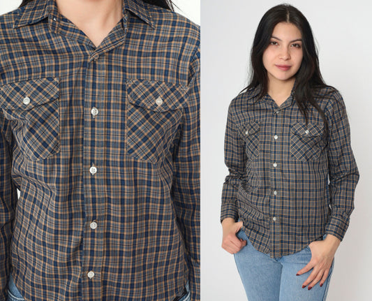 90s Blue Tan Plaid Button-Up Shirt Long Sleeve Chest Pocket Extra Small