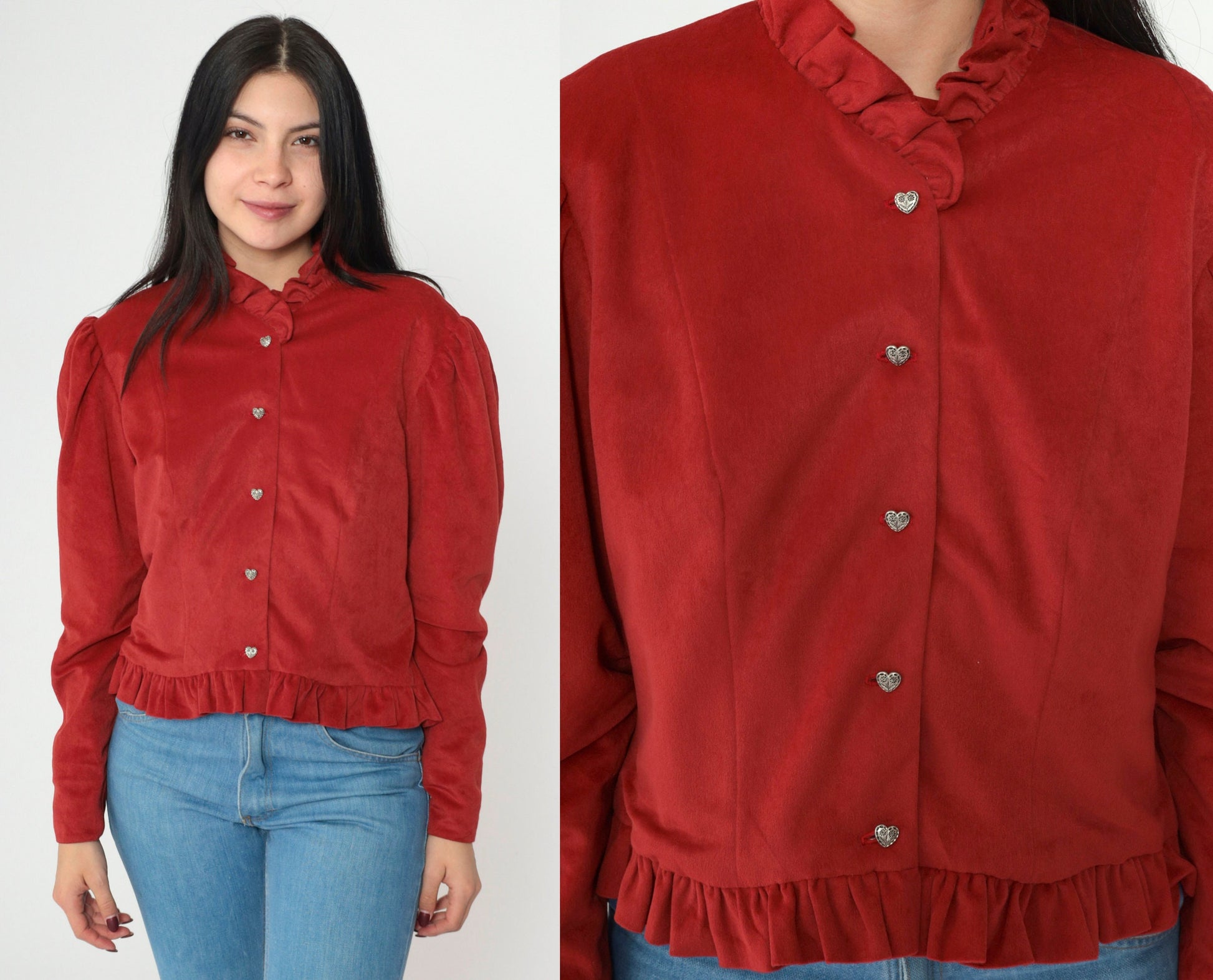70s Red Velour Button-Up Blouse Puff Sleeve Ruffled Heart Medium