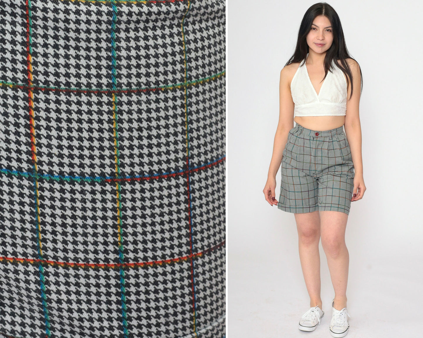 80s Houndstooth High-Waisted Shorts Black White Pleated Extra Small XS