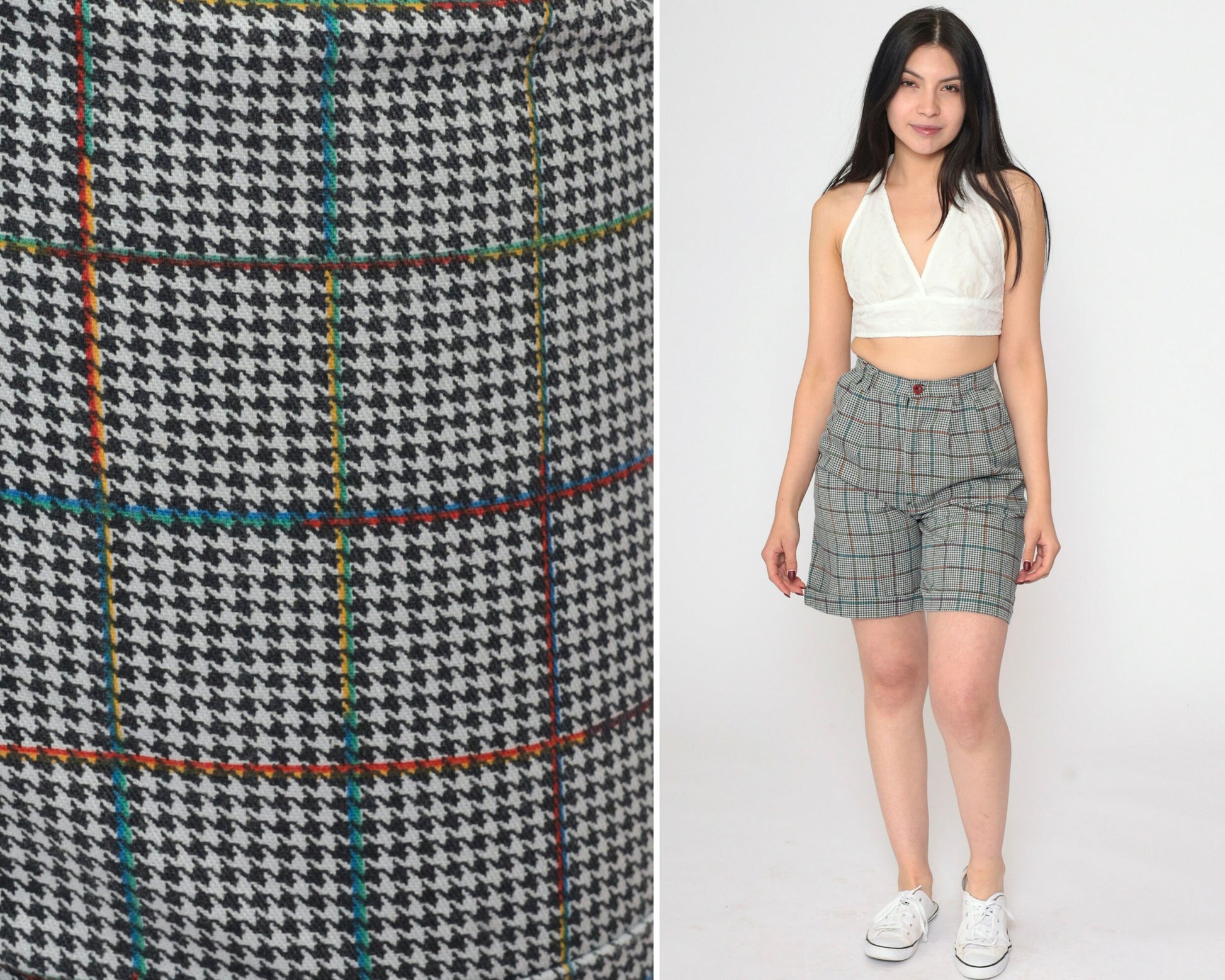 80s Houndstooth High-Waisted Shorts Black White Pleated Extra Small XS