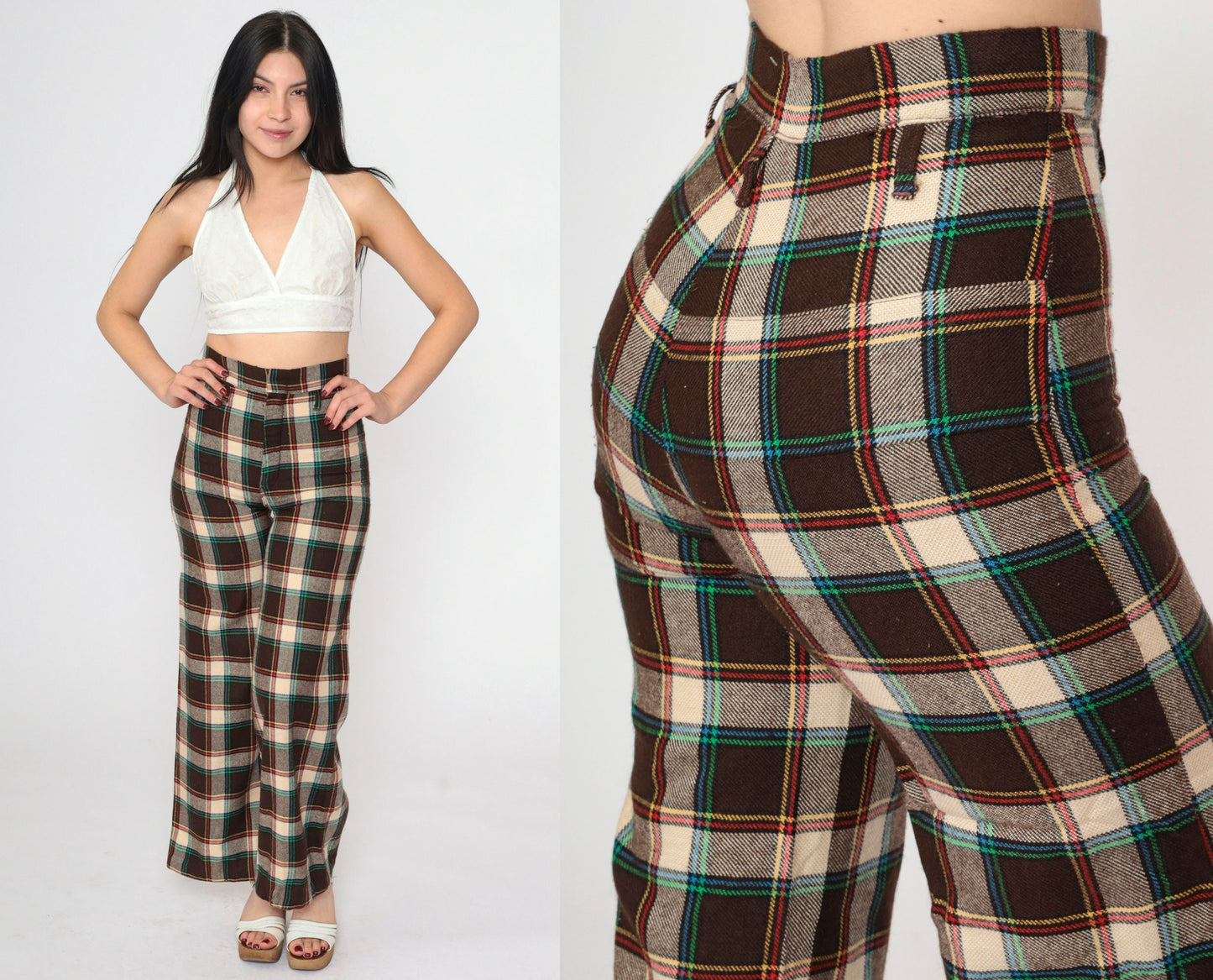 70s Dark Brown Plaid Flared Trousers High Waisted Bell Bottoms Extra Small