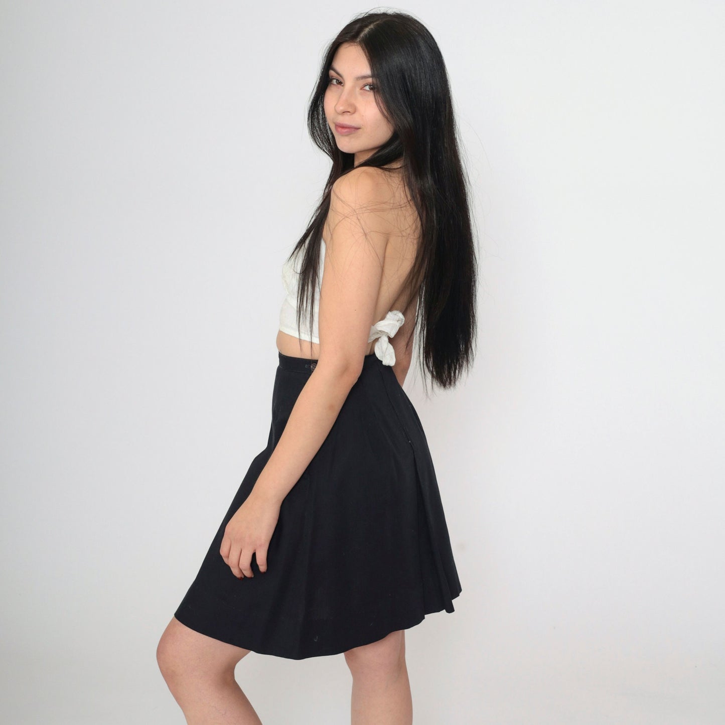 60s Black Pleated Mini Skirt High Waist A-Line Side Zip Extra Small