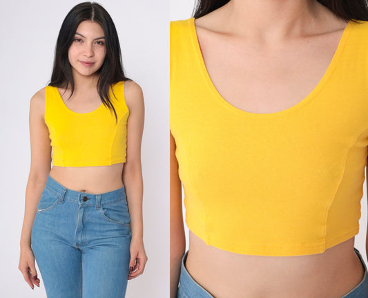 90s Yellow Scoop Neck Crop Tank Top Tight Fitted Small