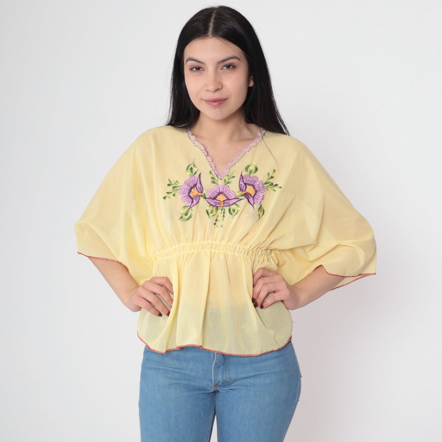 70s Yellow Floral Embroidered Caftan Top Sheer V-Neck Small Medium