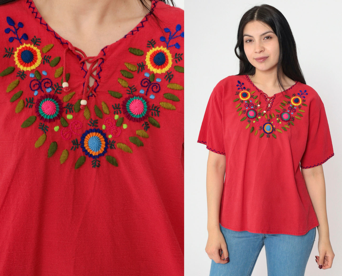 90s Red Floral Embroidered Mexican Blouse Lace-Up Short Sleeve Small Medium
