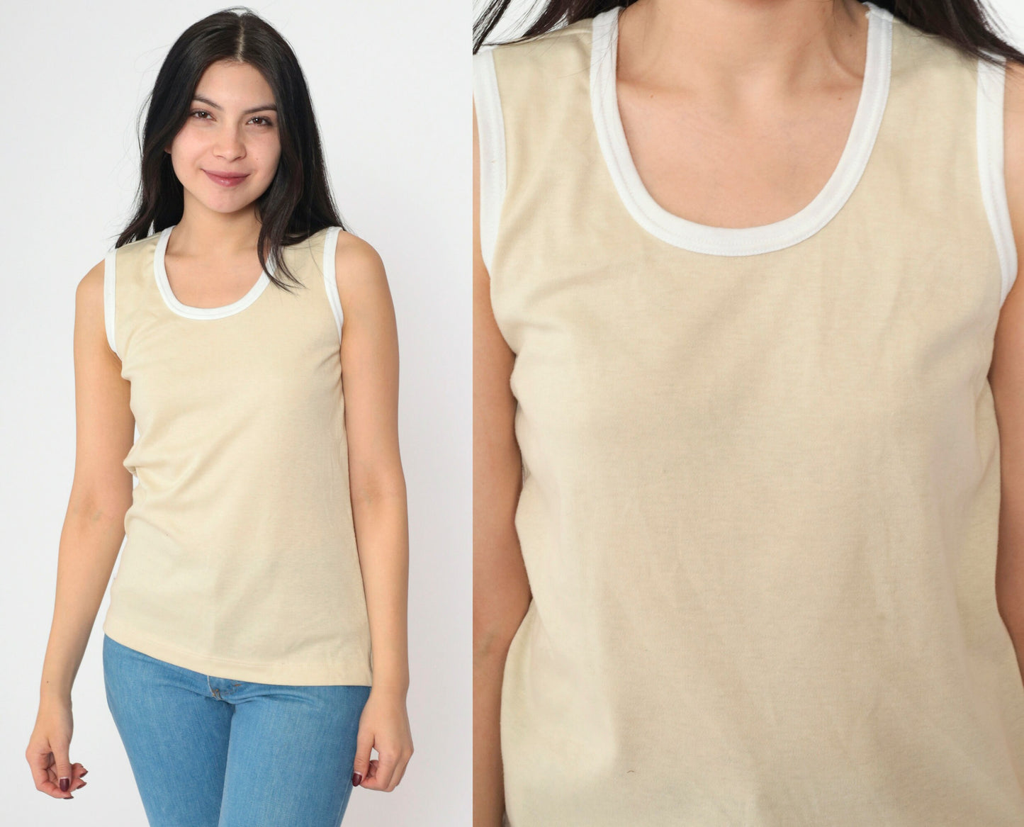 80s Jantzen Beige Tank Top Ringer Trim Scoop Neck Small