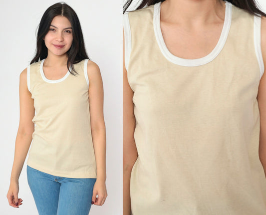 80s Jantzen Beige Tank Top Ringer Trim Scoop Neck Small