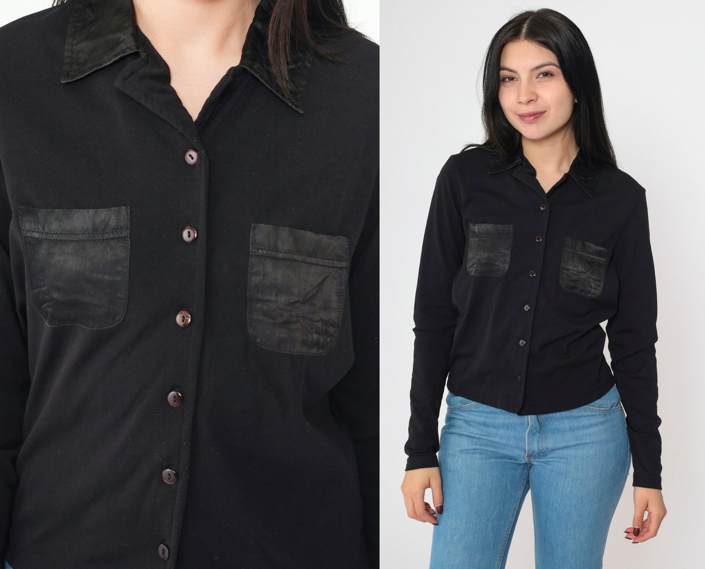 90s Energie Black Button-Up Blouse Satin Pocket Long Sleeve Medium