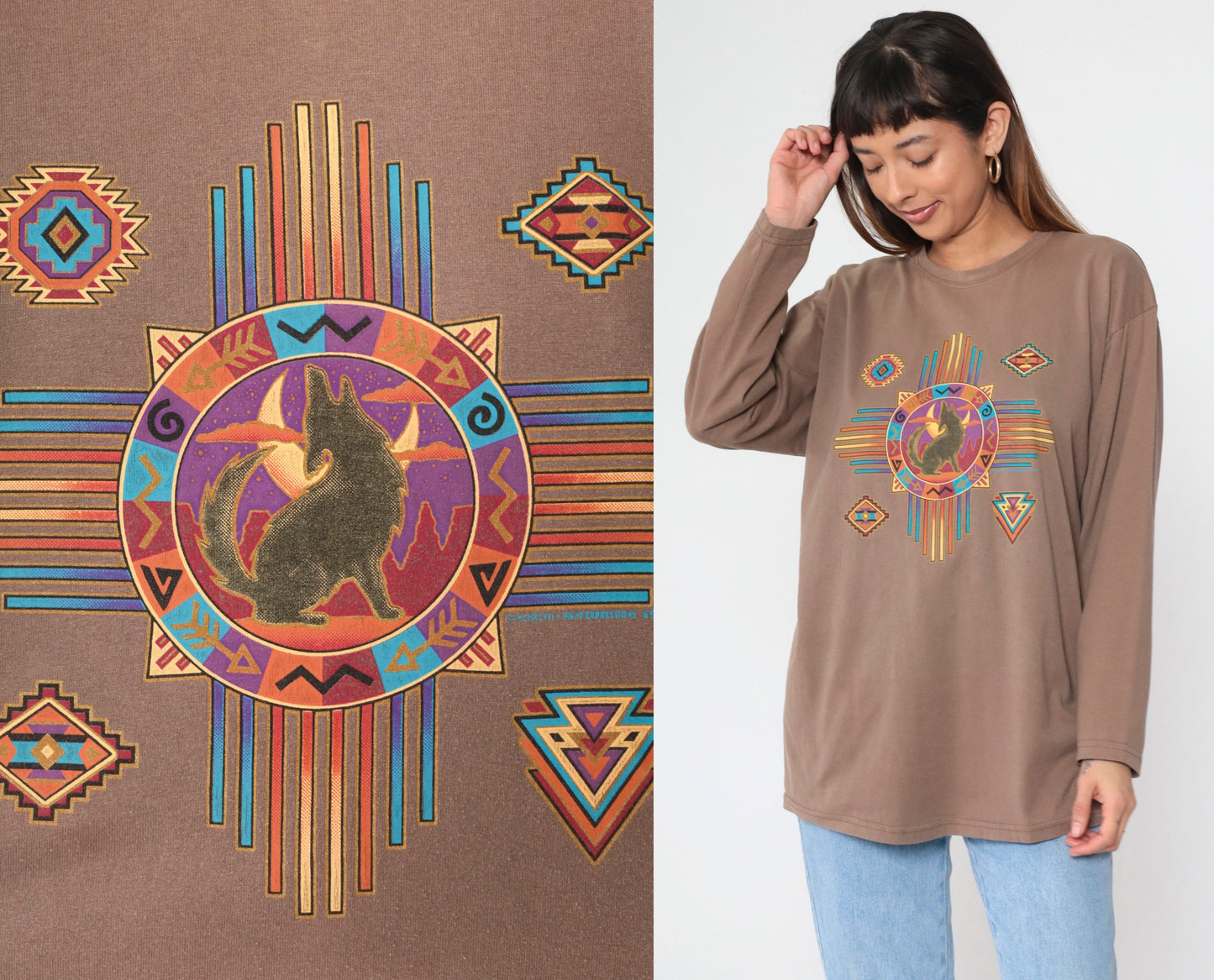 90s Southwestern Coyote Moon Graphic Long Sleeve T Shirt Brown Large