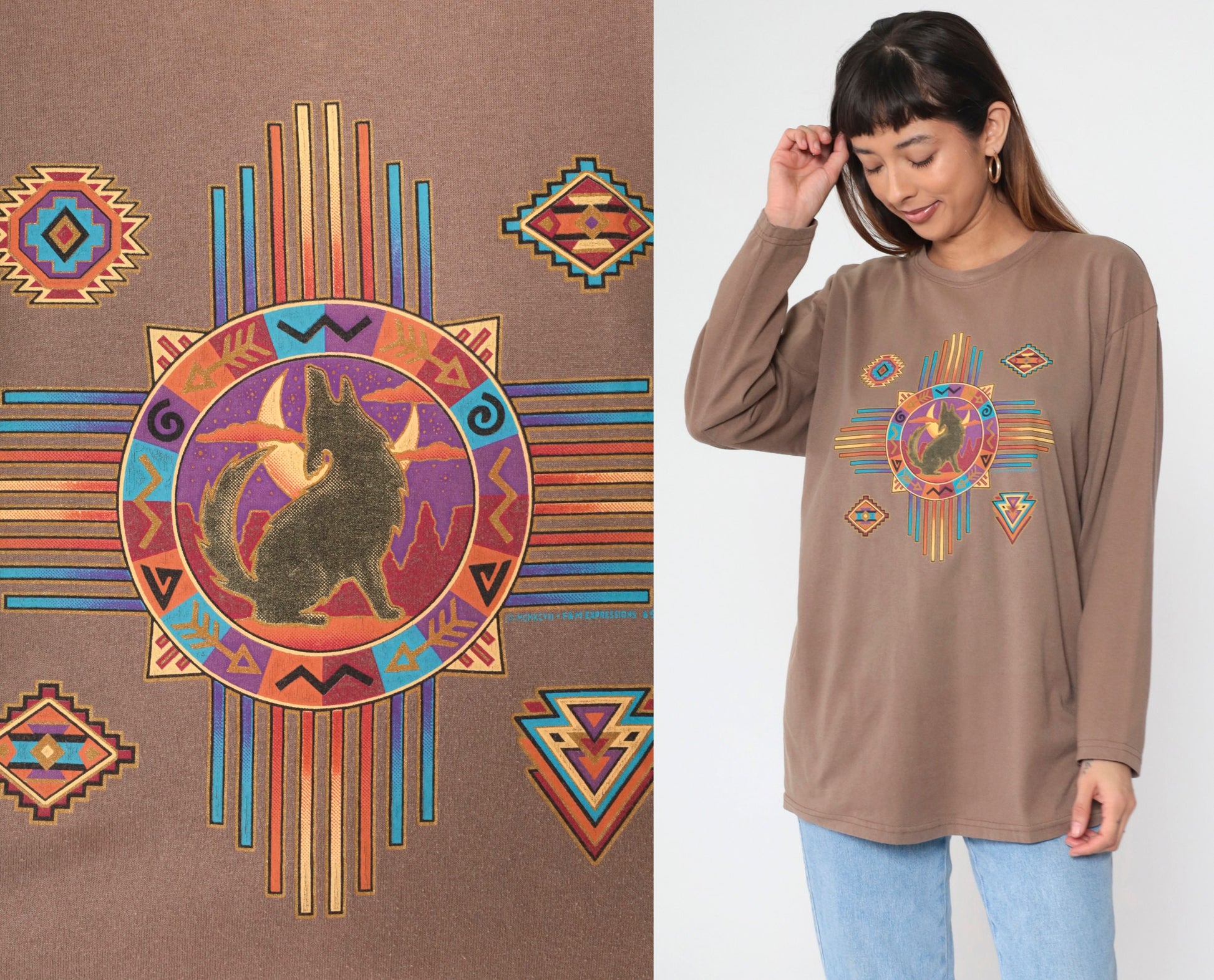 90s Southwestern Coyote Moon Graphic Long Sleeve T Shirt Brown Large