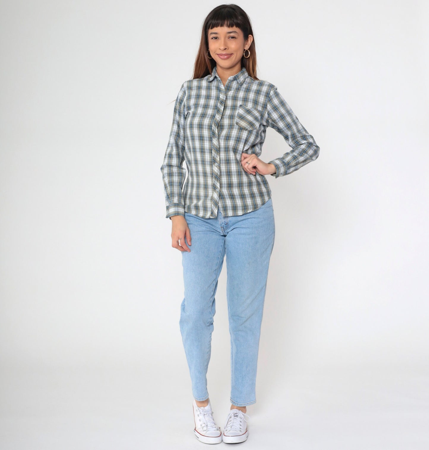 70s/80s Plaid Cotton Button-Up Blouse White Blue Yellow Checkered Long Sleeve Medium