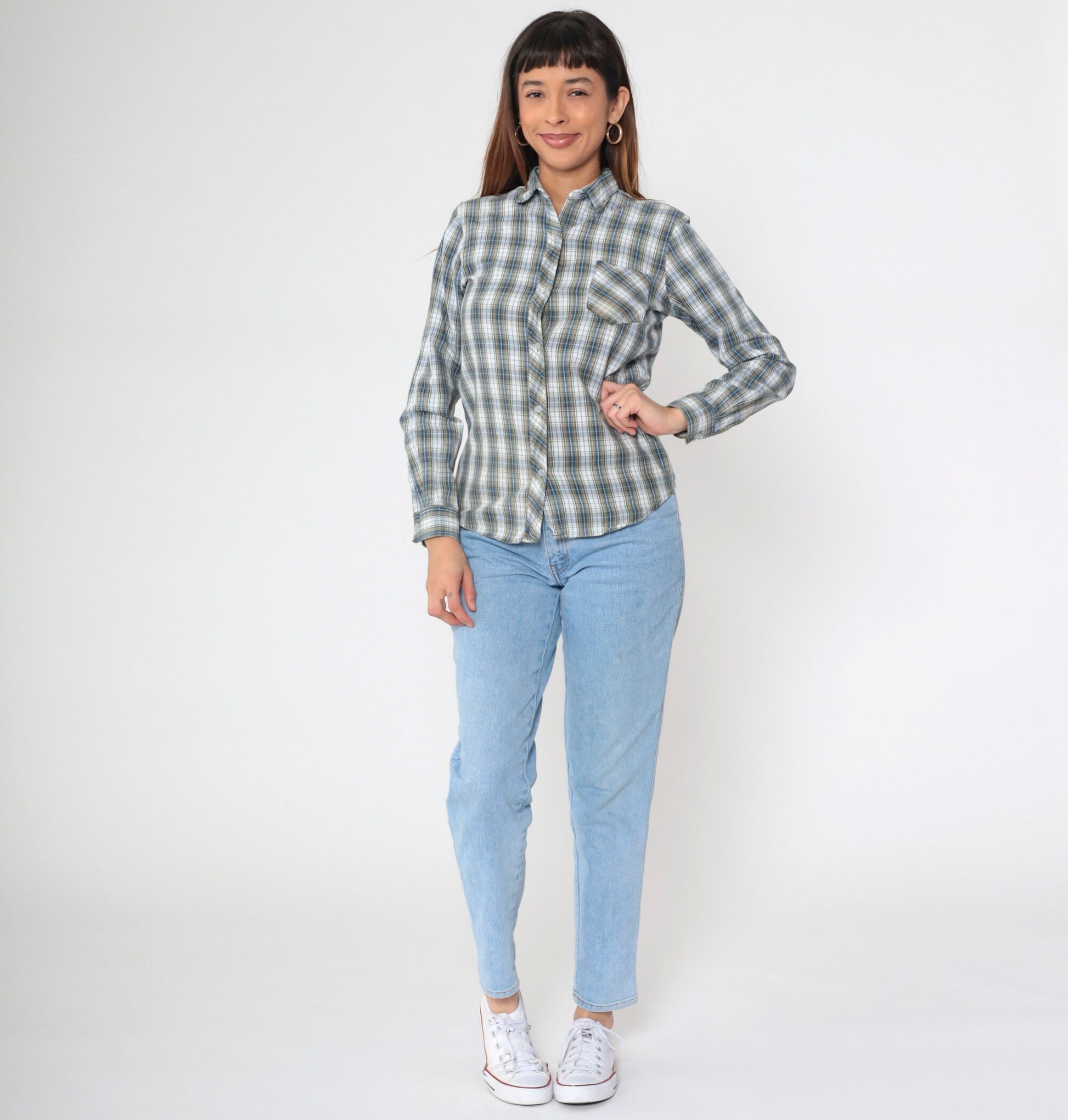 70s/80s Plaid Cotton Button-Up Blouse White Blue Yellow Checkered Long Sleeve Medium