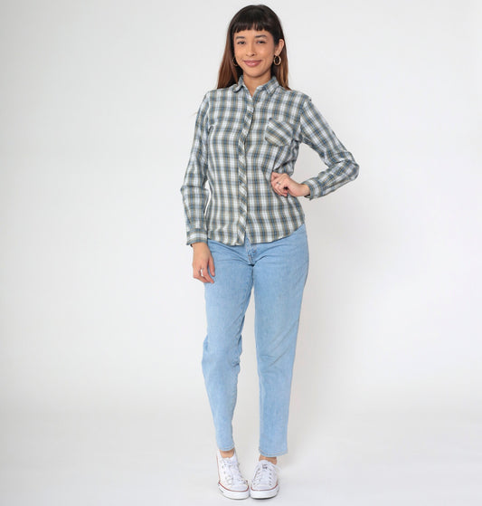70s/80s Plaid Cotton Button-Up Blouse White Blue Yellow Checkered Long Sleeve Medium